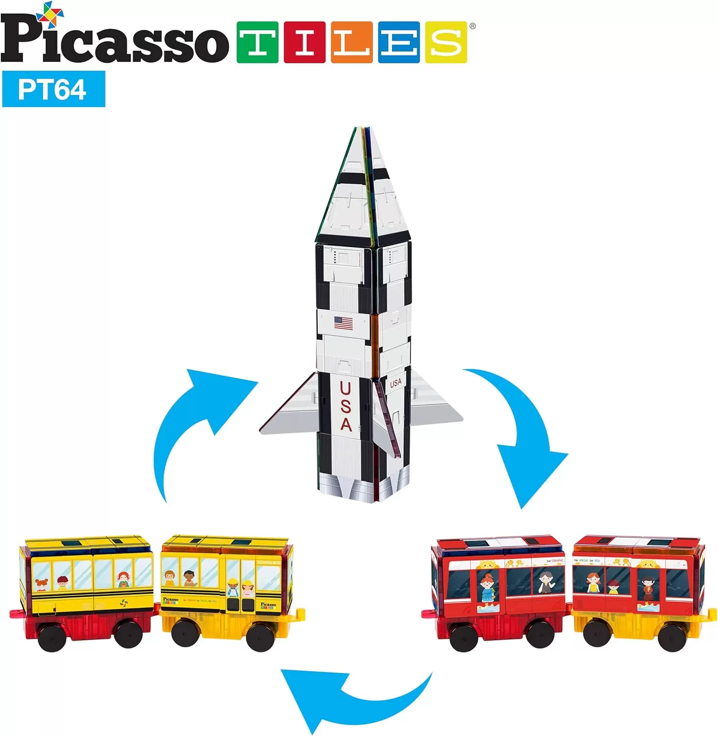 imagePicassoTiles Magnet Building Blocks STEM Learning Construction Toy Set Early Education Kit 3in1 Rocket School Bus Train Theme StickOn Puzzle Pretend Play Magnetic Tiles Kids Building Block Toys
