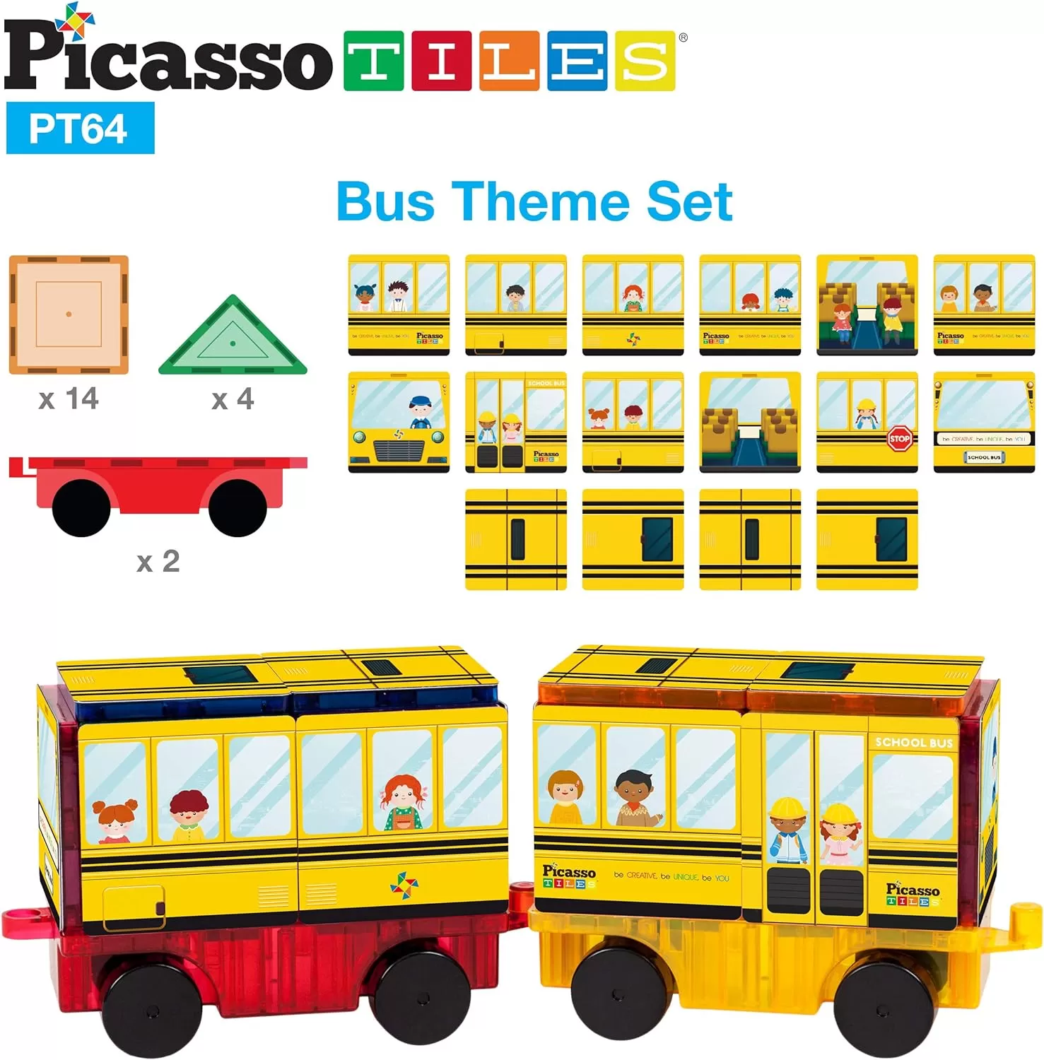 imagePicassoTiles Magnet Building Blocks STEM Learning Construction Toy Set Early Education Kit 3in1 Rocket School Bus Train Theme StickOn Puzzle Pretend Play Magnetic Tiles Kids Building Block Toys