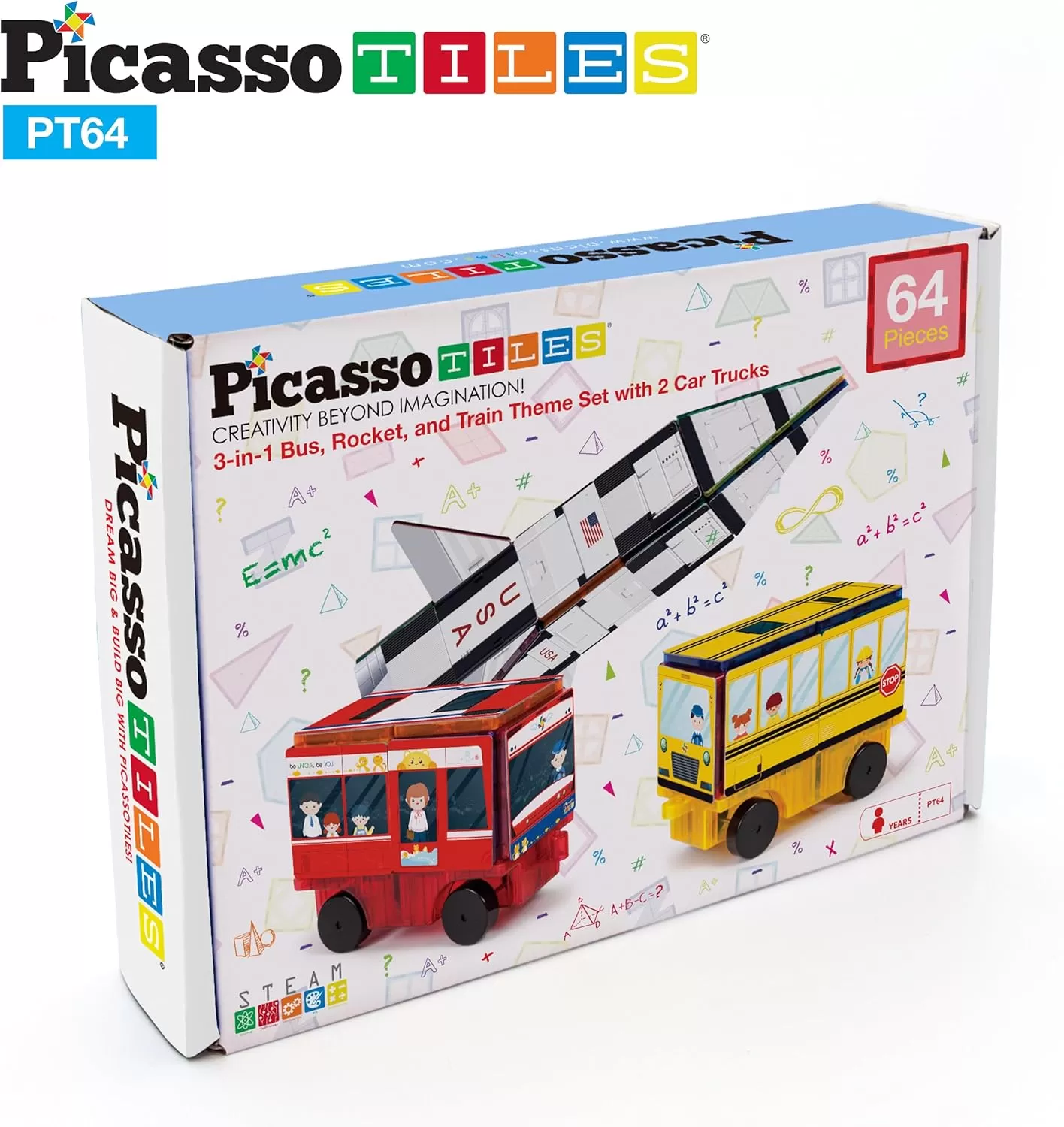 imagePicassoTiles Magnet Building Blocks STEM Learning Construction Toy Set Early Education Kit 3in1 Rocket School Bus Train Theme StickOn Puzzle Pretend Play Magnetic Tiles Kids Building Block Toys
