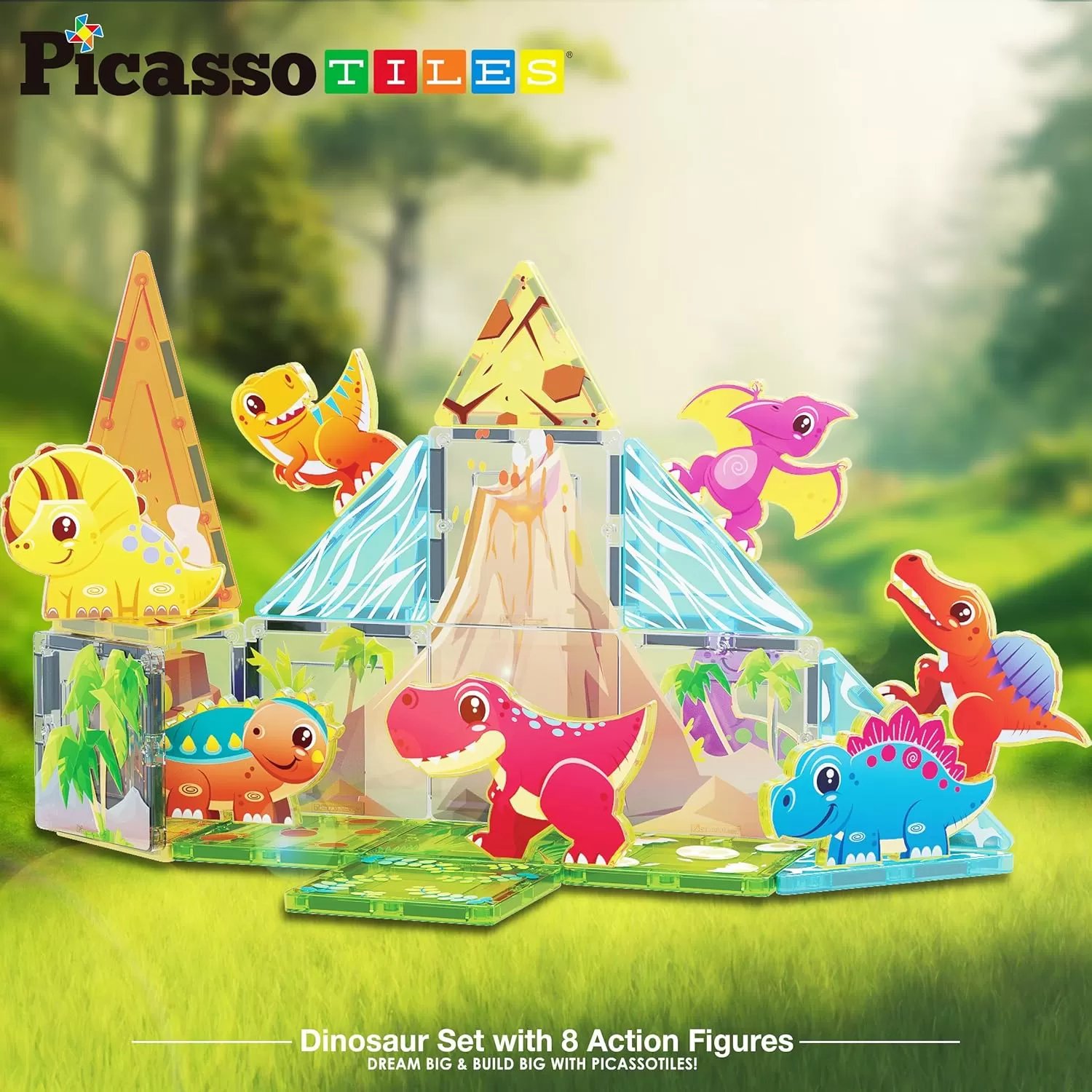 imagePicassoTiles Magnet Tile Building Blocks Dinosaur World Themed Playset with 8 Animal Character Action Figures Magnetic Tiles STEM Learning Pretend Play Toy Construction Set Boys Girls Ages 3 PTQ23