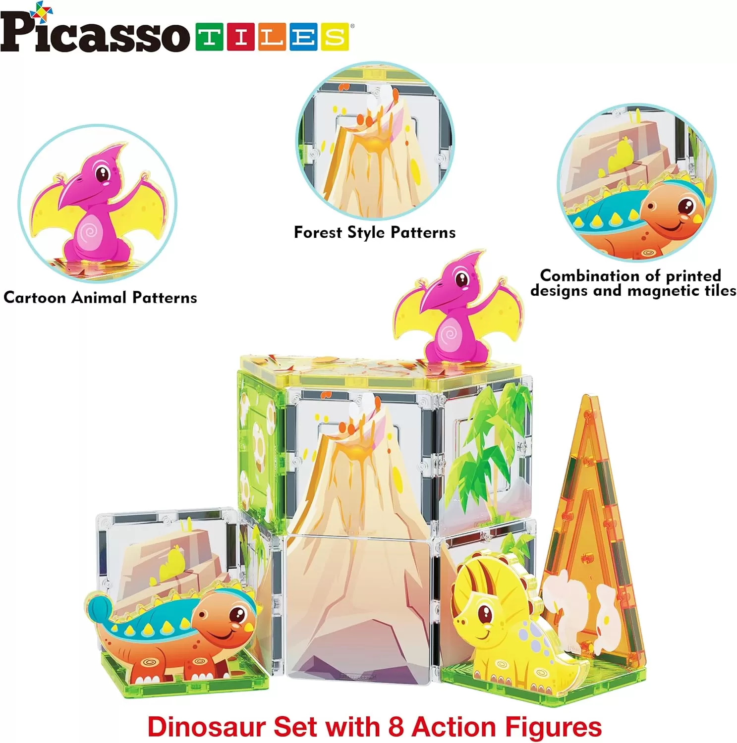 imagePicassoTiles Magnet Tile Building Blocks Dinosaur World Themed Playset with 8 Animal Character Action Figures Magnetic Tiles STEM Learning Pretend Play Toy Construction Set Boys Girls Ages 3 PTQ23