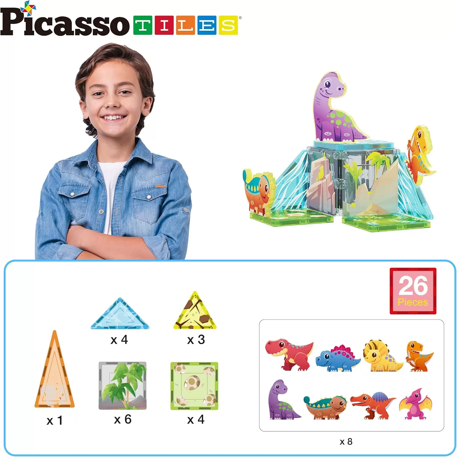 imagePicassoTiles Magnet Tile Building Blocks Dinosaur World Themed Playset with 8 Animal Character Action Figures Magnetic Tiles STEM Learning Pretend Play Toy Construction Set Boys Girls Ages 3 PTQ23