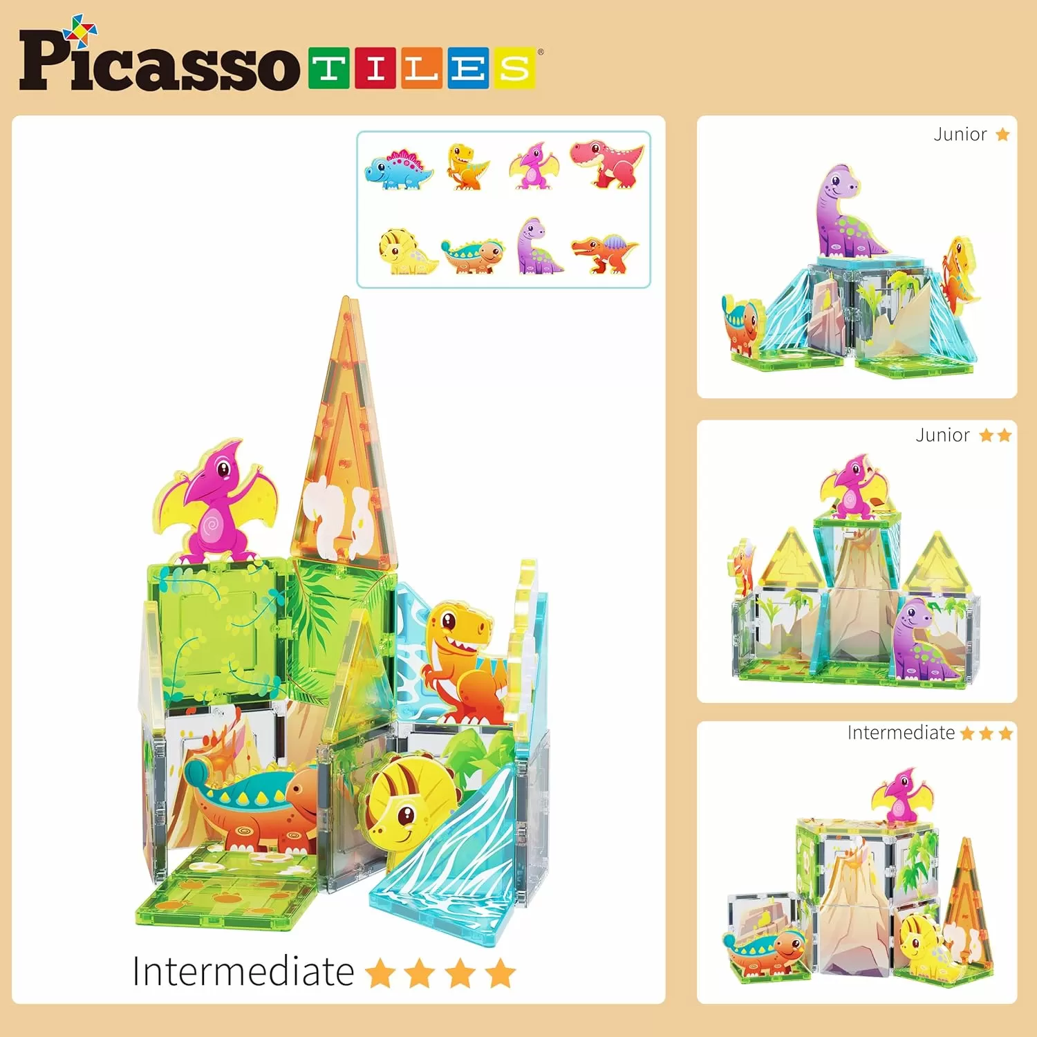 imagePicassoTiles Magnet Tile Building Blocks Dinosaur World Themed Playset with 8 Animal Character Action Figures Magnetic Tiles STEM Learning Pretend Play Toy Construction Set Boys Girls Ages 3 PTQ23