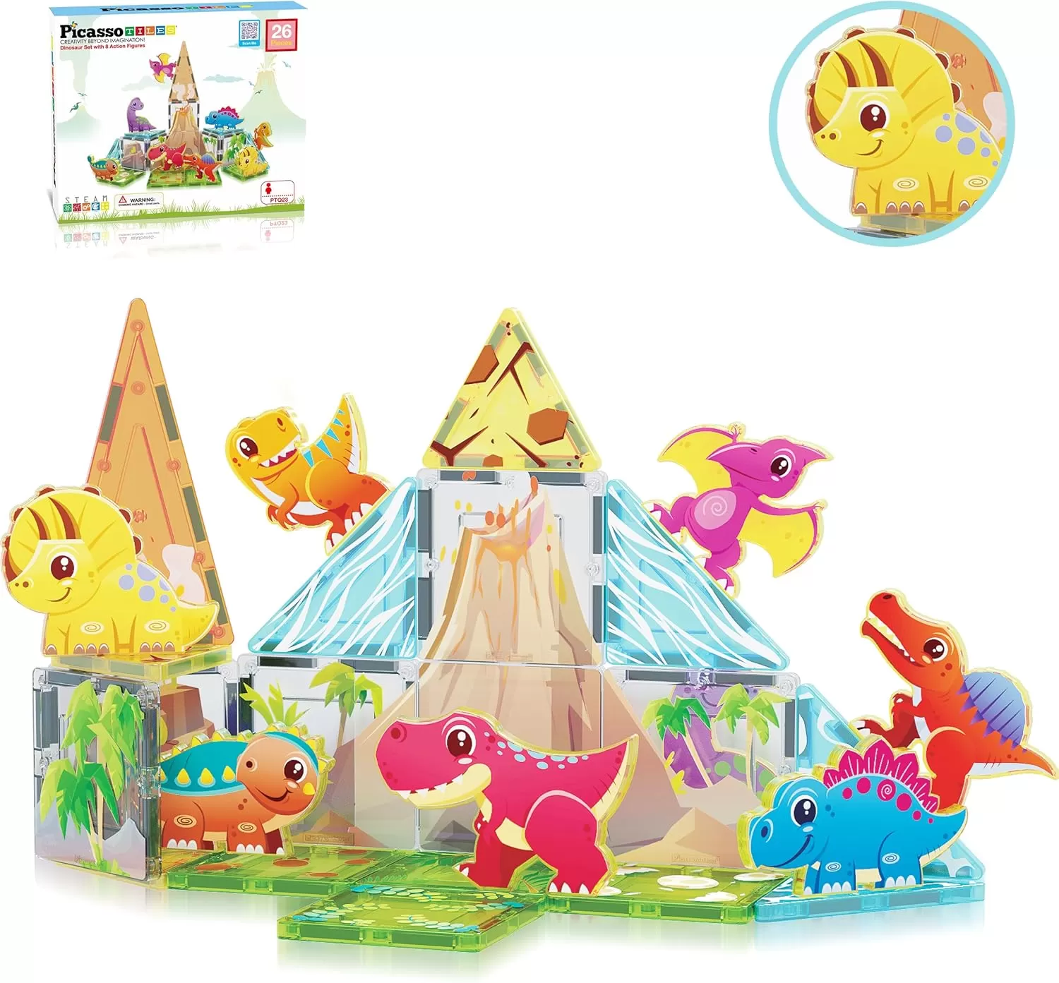 imagePicassoTiles Magnet Tile Building Blocks Dinosaur World Themed Playset with 8 Animal Character Action Figures Magnetic Tiles STEM Learning Pretend Play Toy Construction Set Boys Girls Ages 3 PTQ23