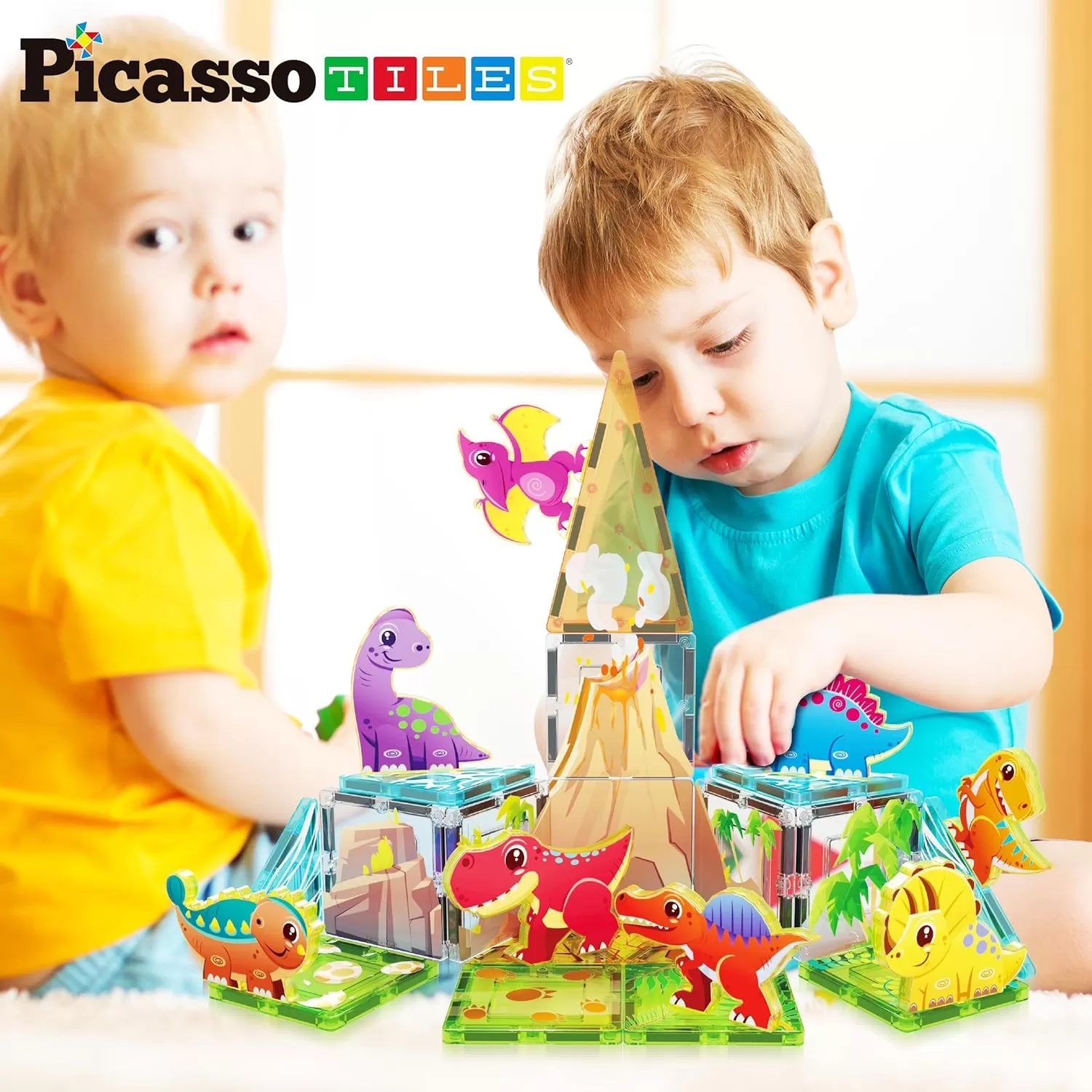 imagePicassoTiles Magnet Tile Building Blocks Dinosaur World Themed Playset with 8 Animal Character Action Figures Magnetic Tiles STEM Learning Pretend Play Toy Construction Set Boys Girls Ages 3 PTQ23