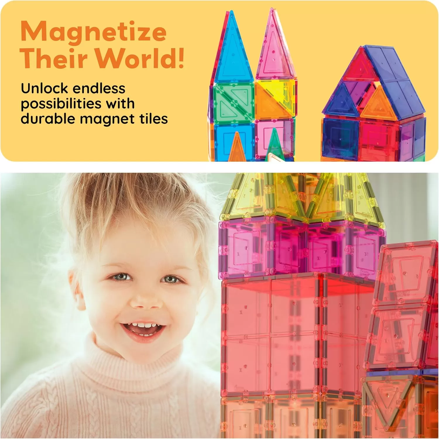 imagePicassoTiles Magnetic Tiles 60pcs Kids Toys Classroom Sensory Toy for Toddlers STEM Learning Building Blocks Montessori Pretend Play Magnet Tile Construction Stacking Block Boys Girls Ages 3 PT60