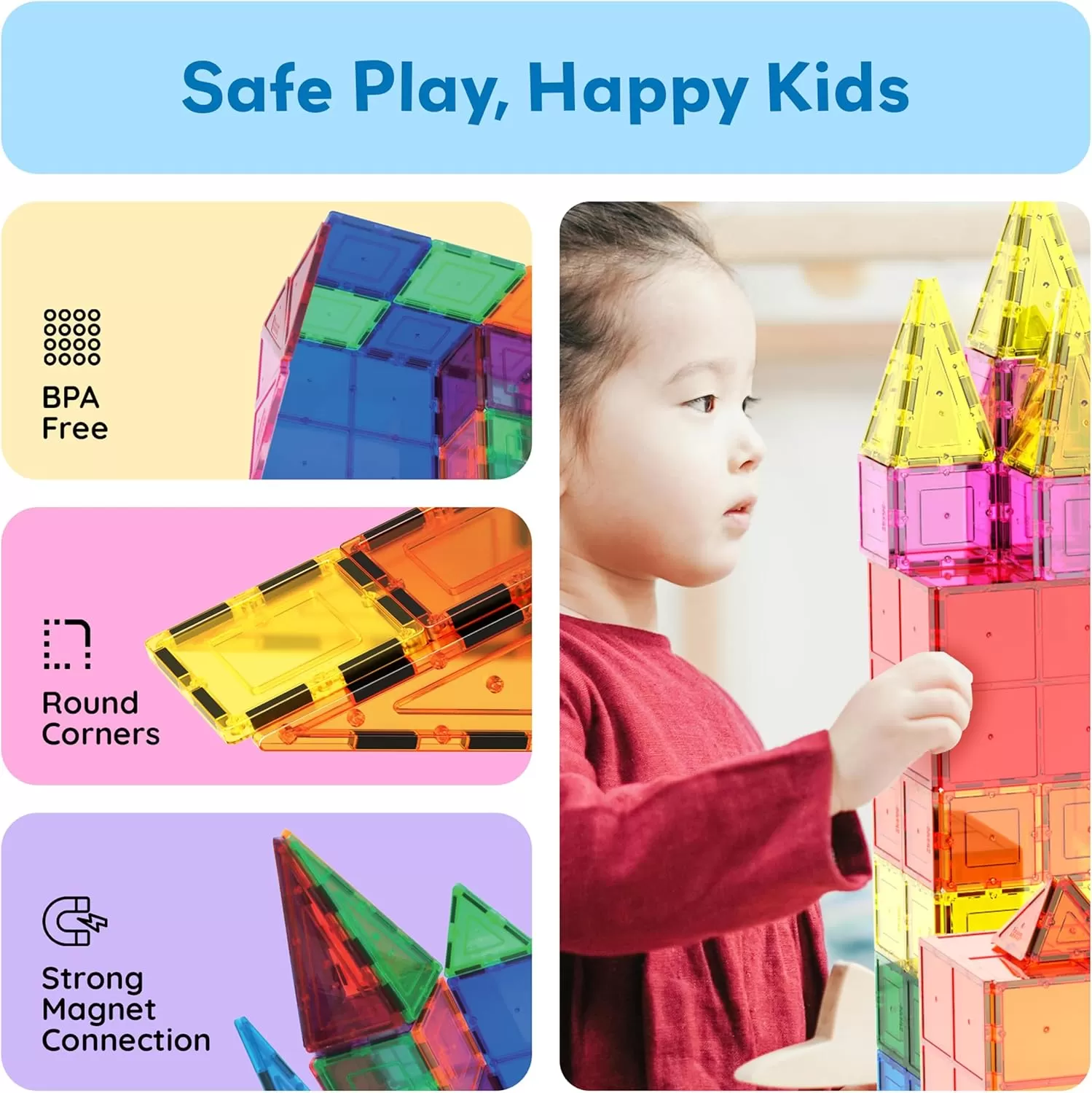 imagePicassoTiles Magnetic Tiles 60pcs Kids Toys Classroom Sensory Toy for Toddlers STEM Learning Building Blocks Montessori Pretend Play Magnet Tile Construction Stacking Block Boys Girls Ages 3 PT60