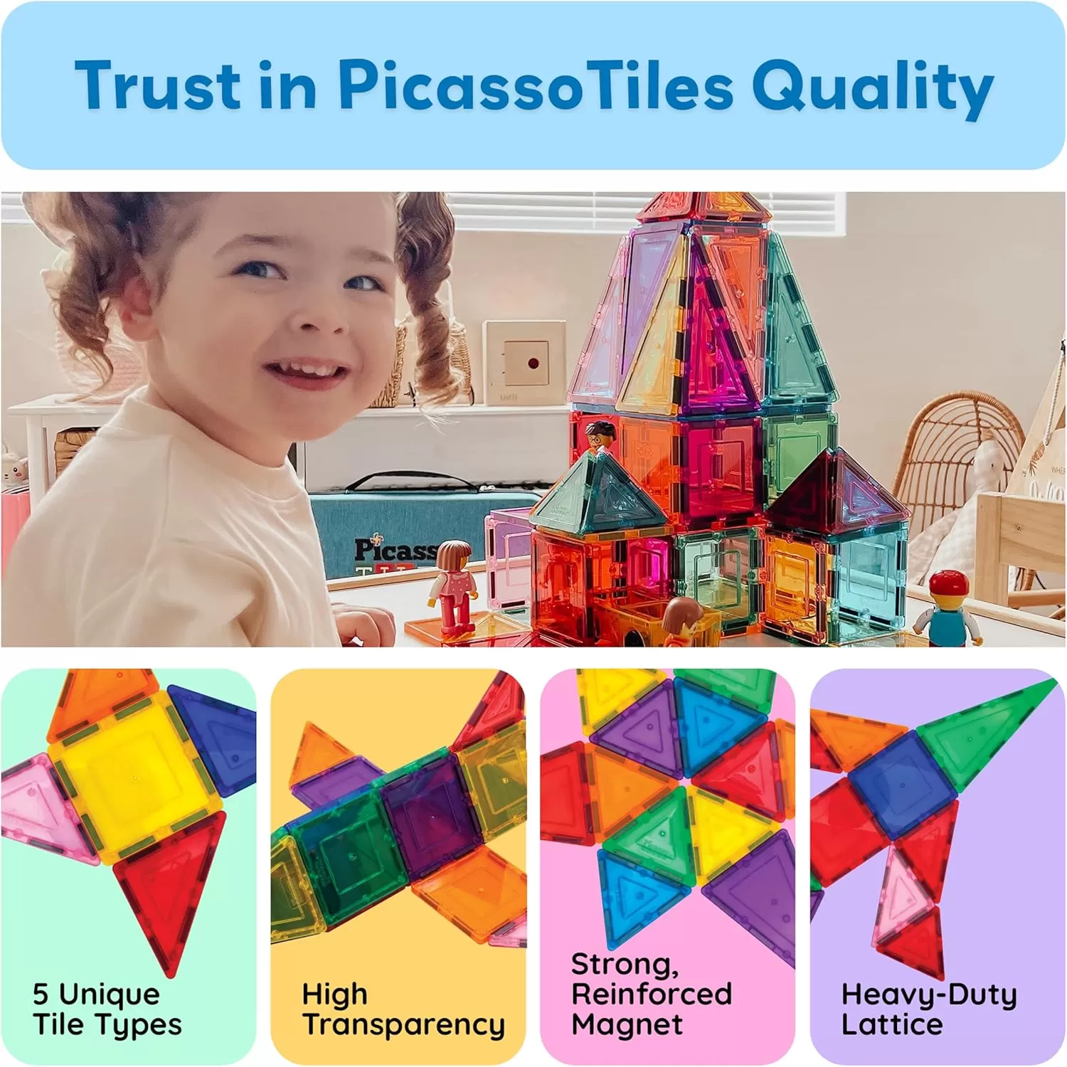 imagePicassoTiles Magnetic Tiles 60pcs Kids Toys Classroom Sensory Toy for Toddlers STEM Learning Building Blocks Montessori Pretend Play Magnet Tile Construction Stacking Block Boys Girls Ages 3 PT60
