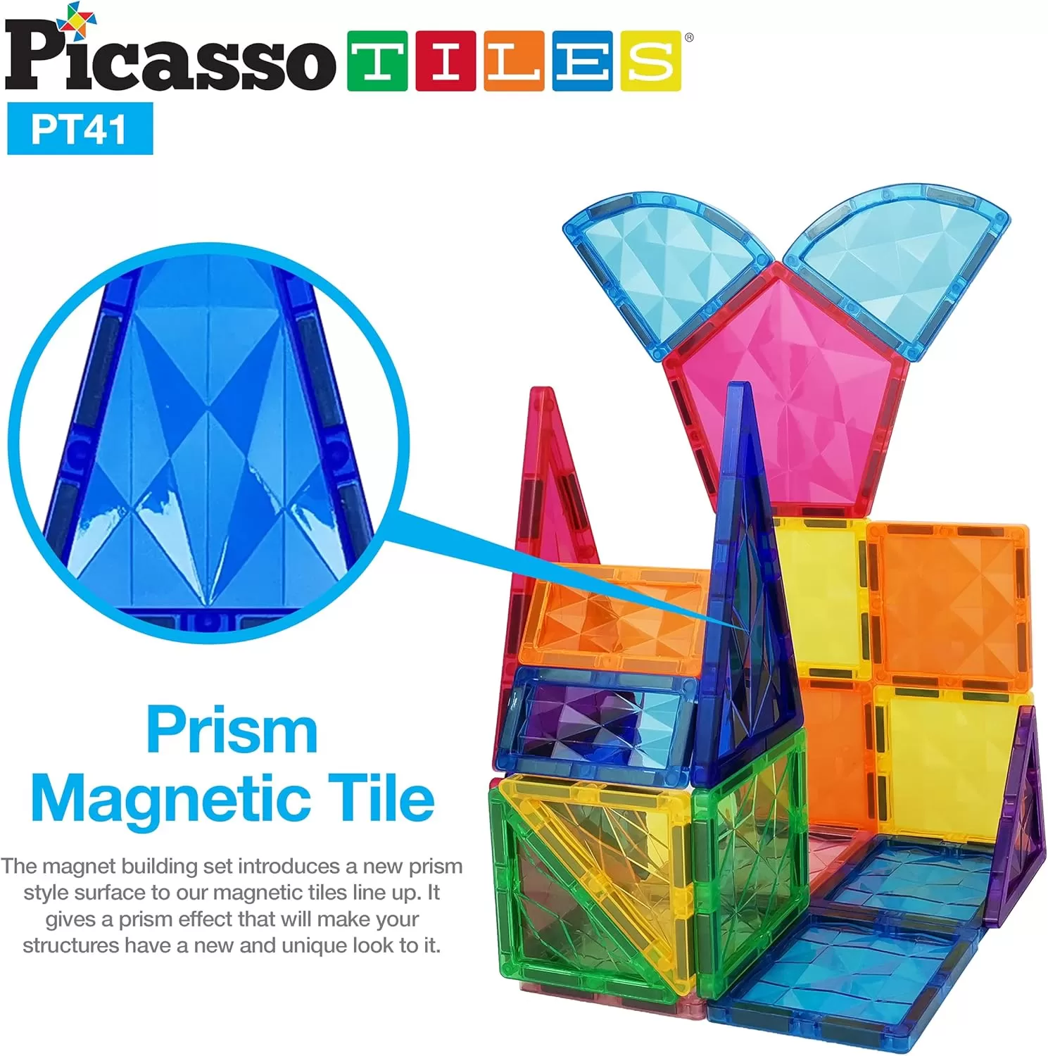 imagePicassoTiles Magnetic Tiles Building Block Construction Toy Set Prism Magnet Tile Blocks STEM STEAM Learning Kit Early Education Builder Playset Toys for Children Toddler Boy Girl Age 3 PT41