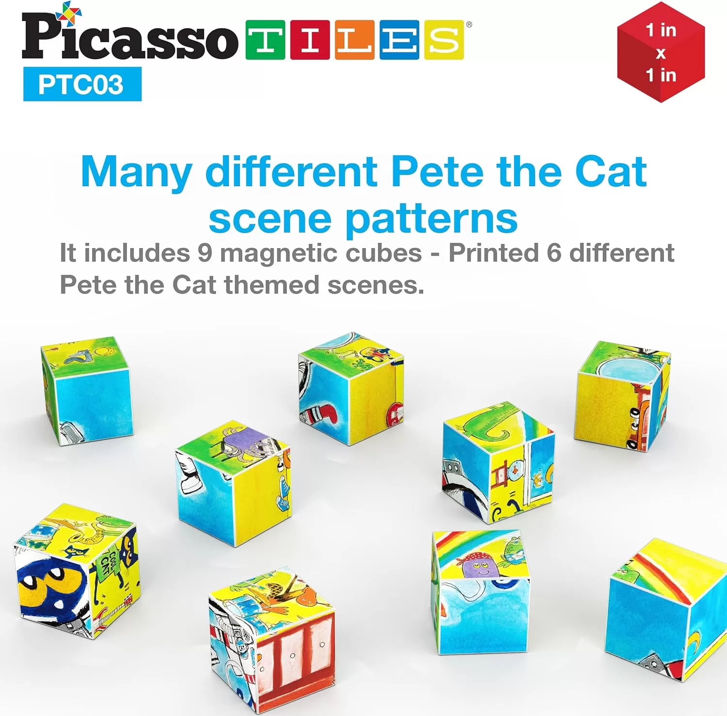 imagePicassoTiles Pete the Cat Magnet Puzzle Building Block Cubes 6 Cartoon Themed Brain Teaser Puzzles Mix and Match Magnetic Playset STEM Educational Toy Set Preschool Sensory Toys Toddlers Ages 3 PTC03