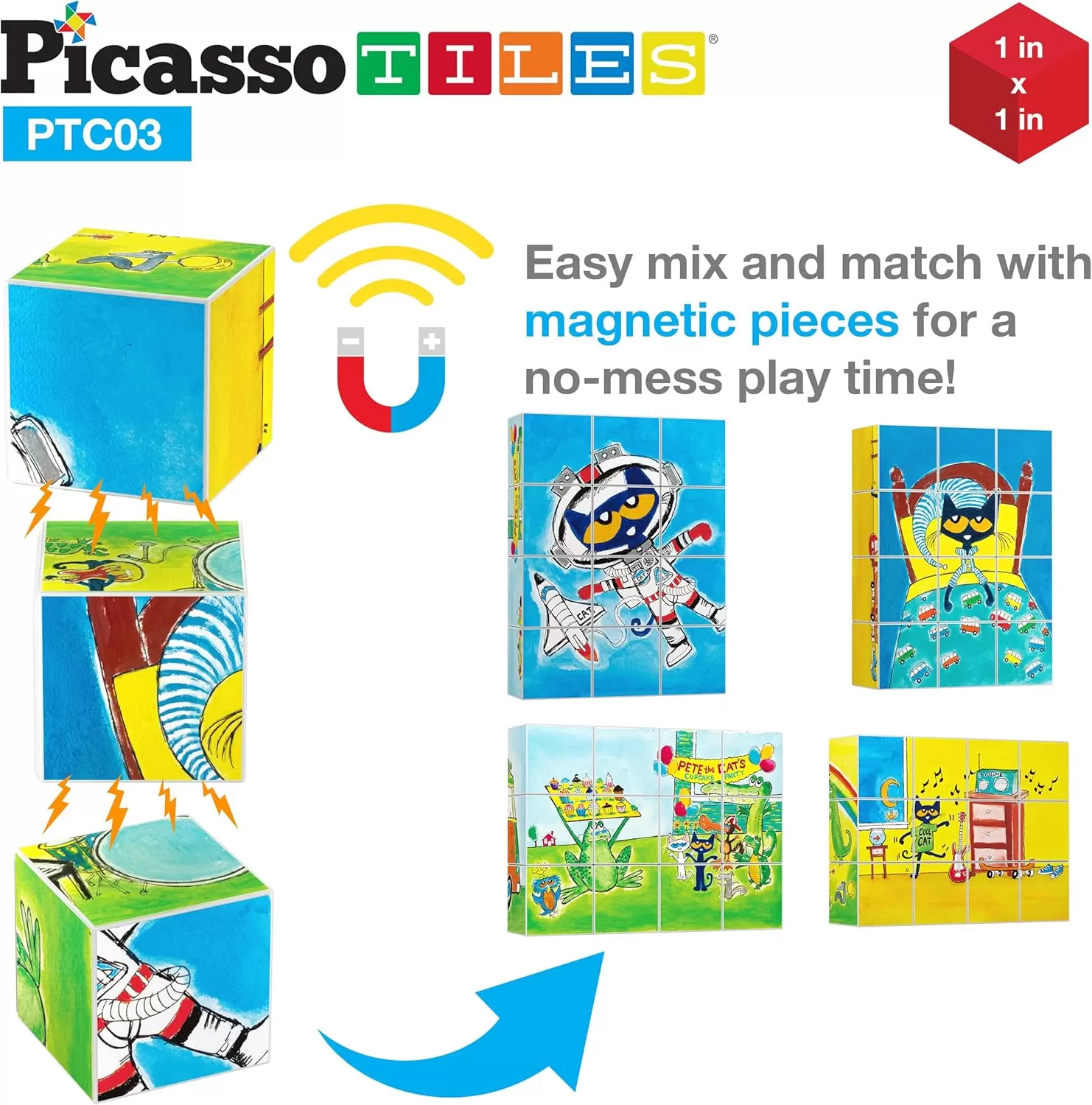 imagePicassoTiles Pete the Cat Magnet Puzzle Building Block Cubes 6 Cartoon Themed Brain Teaser Puzzles Mix and Match Magnetic Playset STEM Educational Toy Set Preschool Sensory Toys Toddlers Ages 3 PTC03