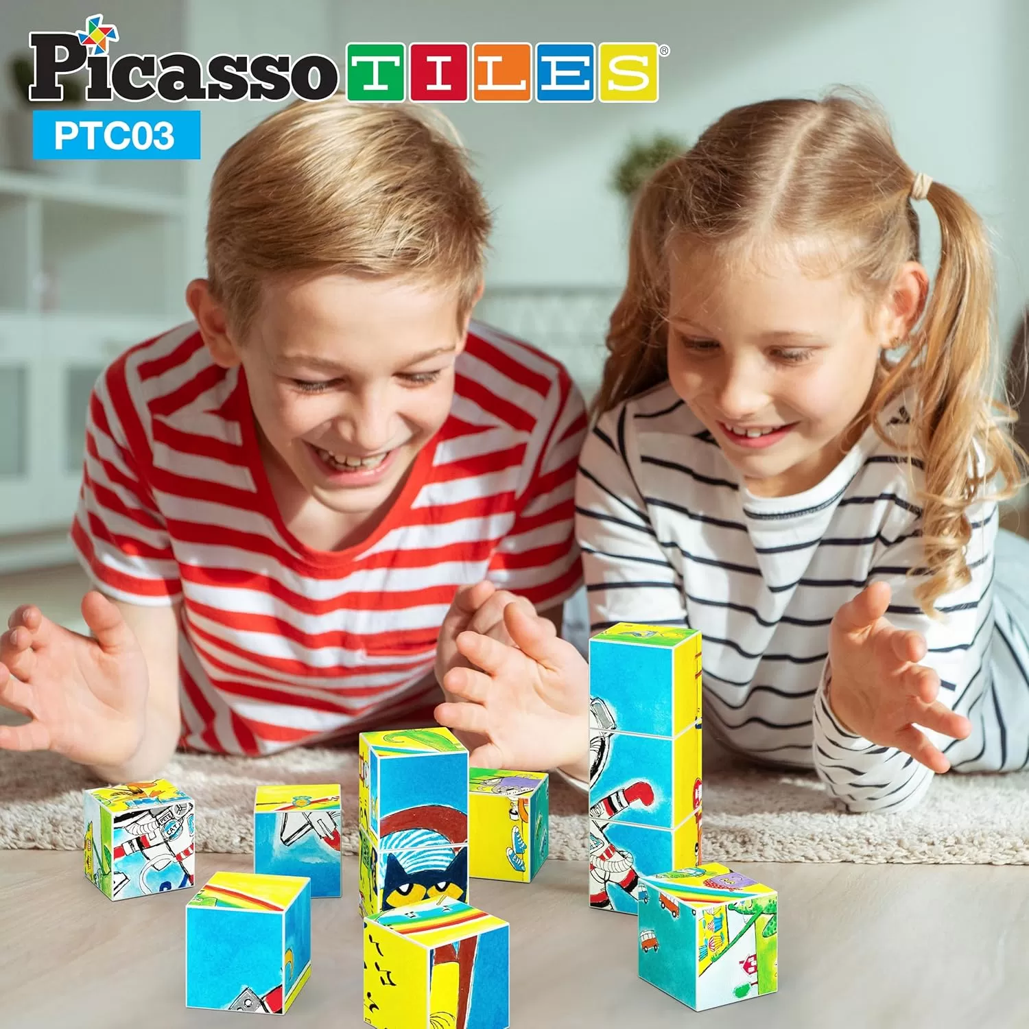 imagePicassoTiles Pete the Cat Magnet Puzzle Building Block Cubes 6 Cartoon Themed Brain Teaser Puzzles Mix and Match Magnetic Playset STEM Educational Toy Set Preschool Sensory Toys Toddlers Ages 3 PTC03