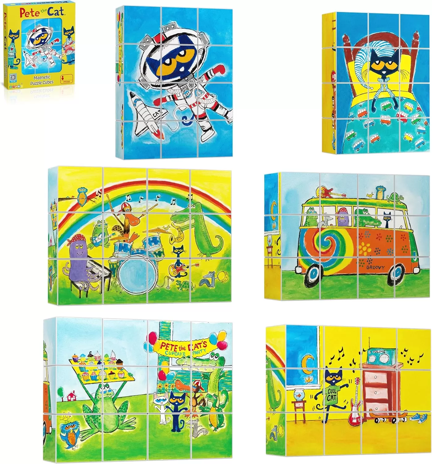 imagePicassoTiles Pete the Cat Magnet Puzzle Building Block Cubes 6 Cartoon Themed Brain Teaser Puzzles Mix and Match Magnetic Playset STEM Educational Toy Set Preschool Sensory Toys Toddlers Ages 3 PTC03