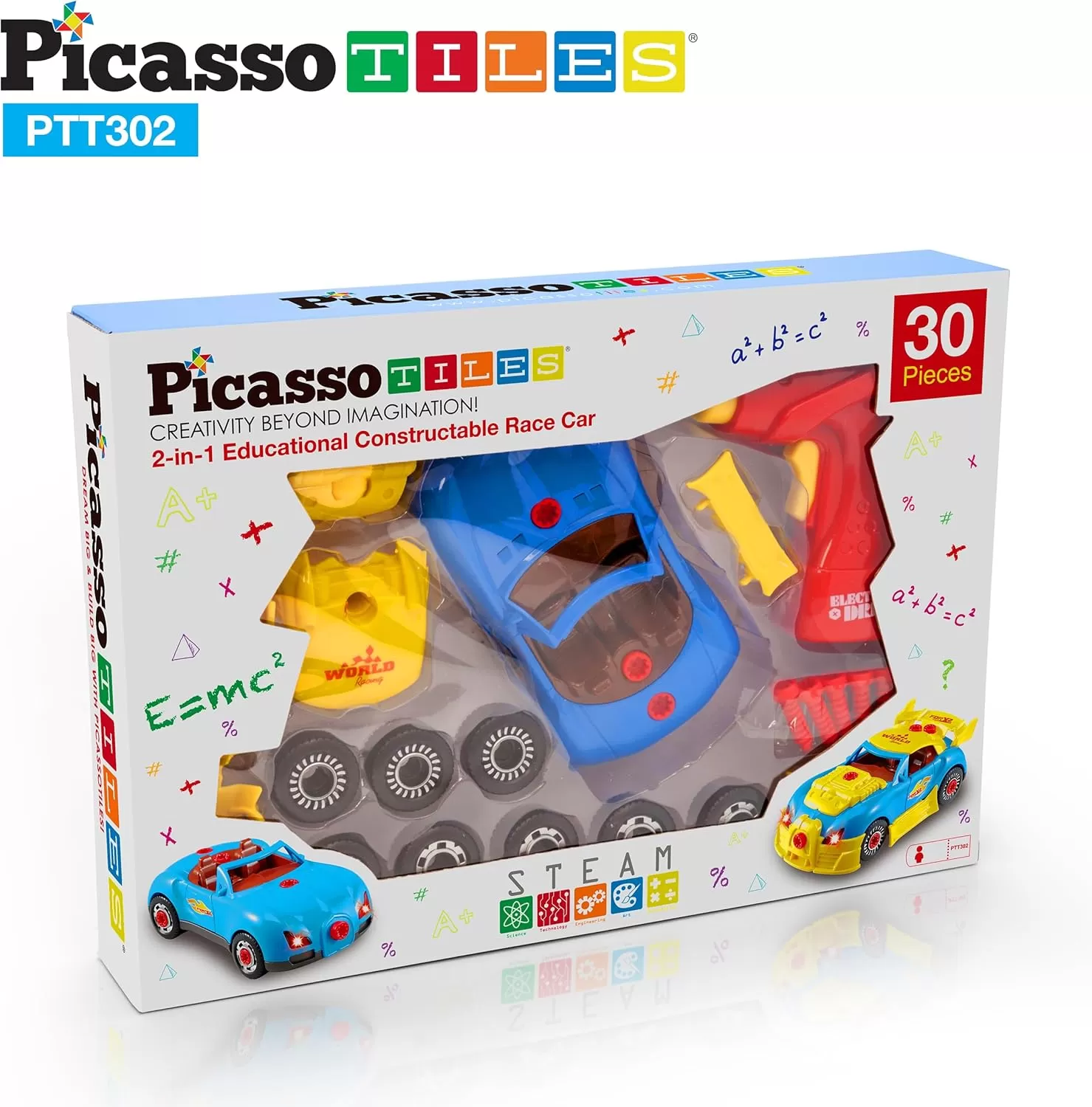 imagePicassoTiles TakeAPart Race Car Set with LED Engine Sound Mini Electric Power Tool Reversible Drill Screws Included PTT302 2in1 DIY Construction Build Your Own 30pc Racing Car STEAM Kit