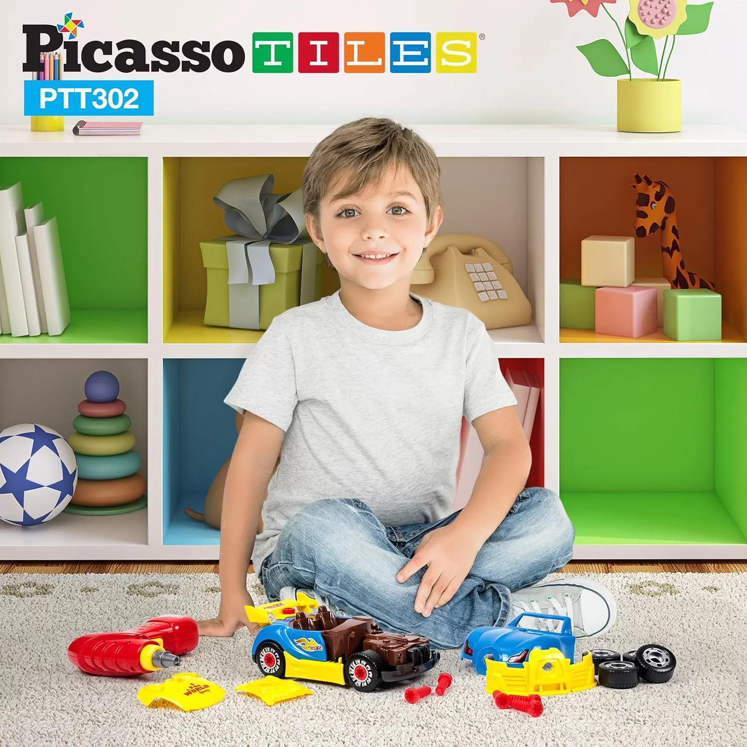 imagePicassoTiles TakeAPart Race Car Set with LED Engine Sound Mini Electric Power Tool Reversible Drill Screws Included PTT302 2in1 DIY Construction Build Your Own 30pc Racing Car STEAM Kit