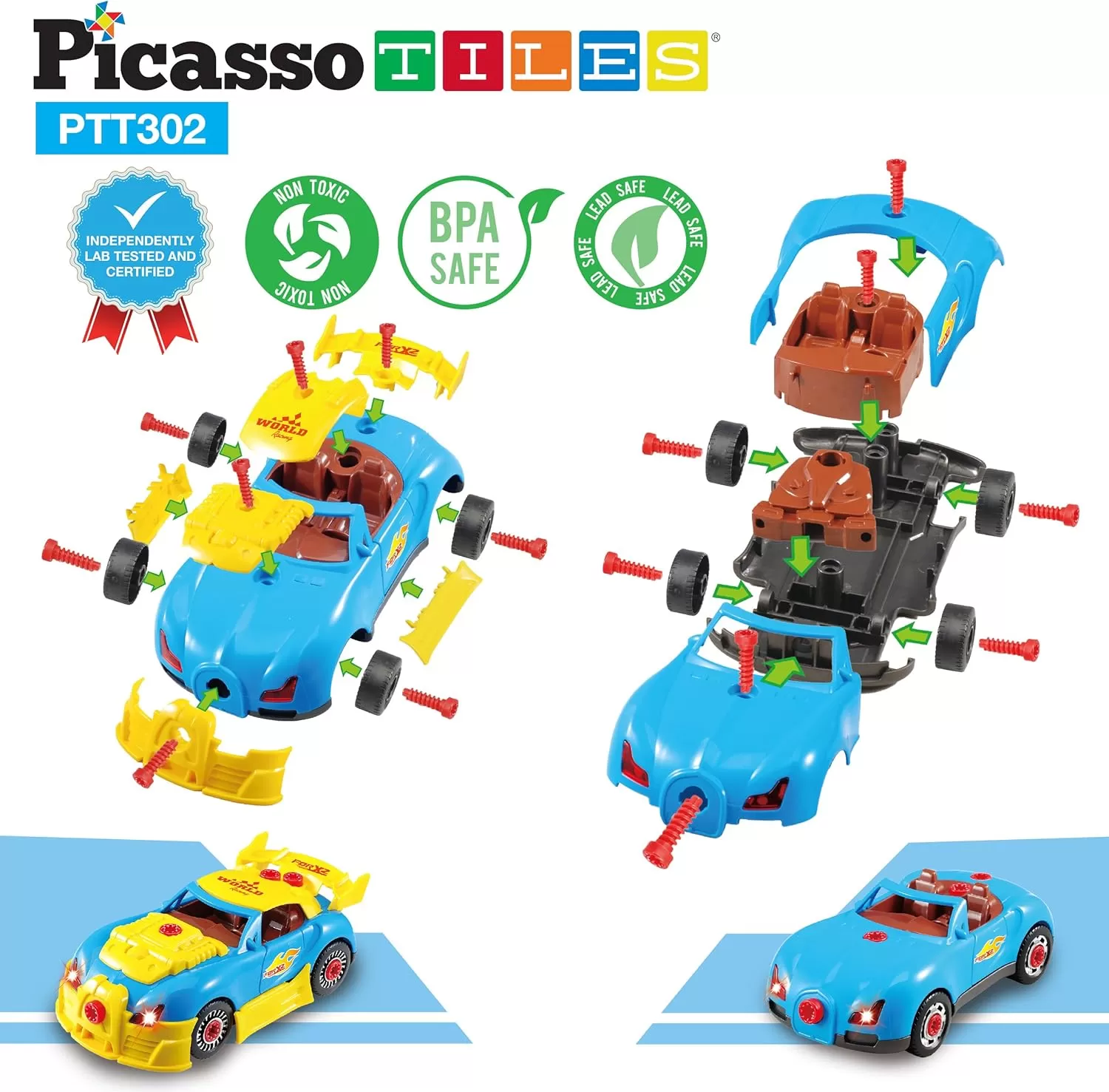 imagePicassoTiles TakeAPart Race Car Set with LED Engine Sound Mini Electric Power Tool Reversible Drill Screws Included PTT302 2in1 DIY Construction Build Your Own 30pc Racing Car STEAM Kit