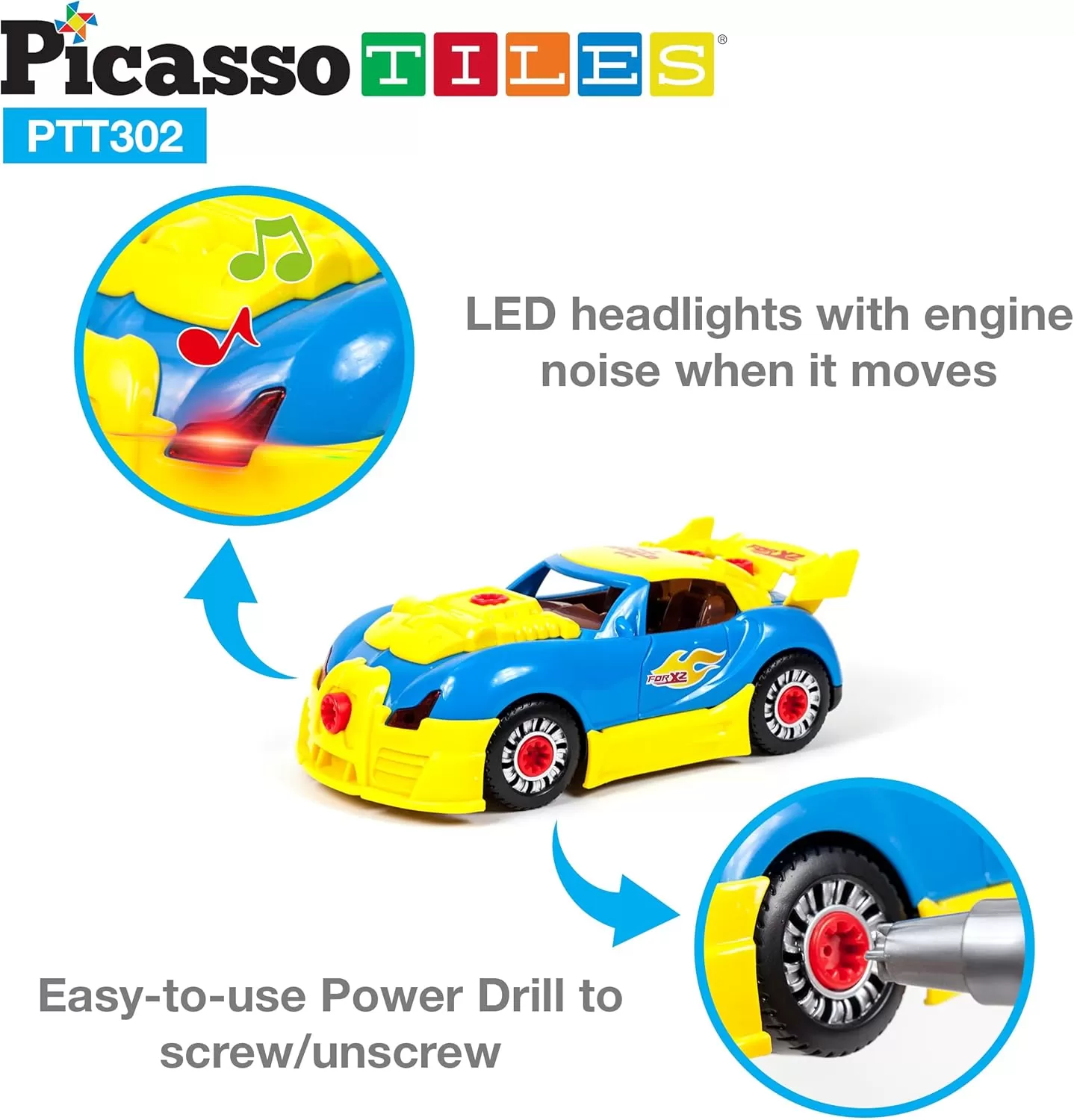 imagePicassoTiles TakeAPart Race Car Set with LED Engine Sound Mini Electric Power Tool Reversible Drill Screws Included PTT302 2in1 DIY Construction Build Your Own 30pc Racing Car STEAM Kit