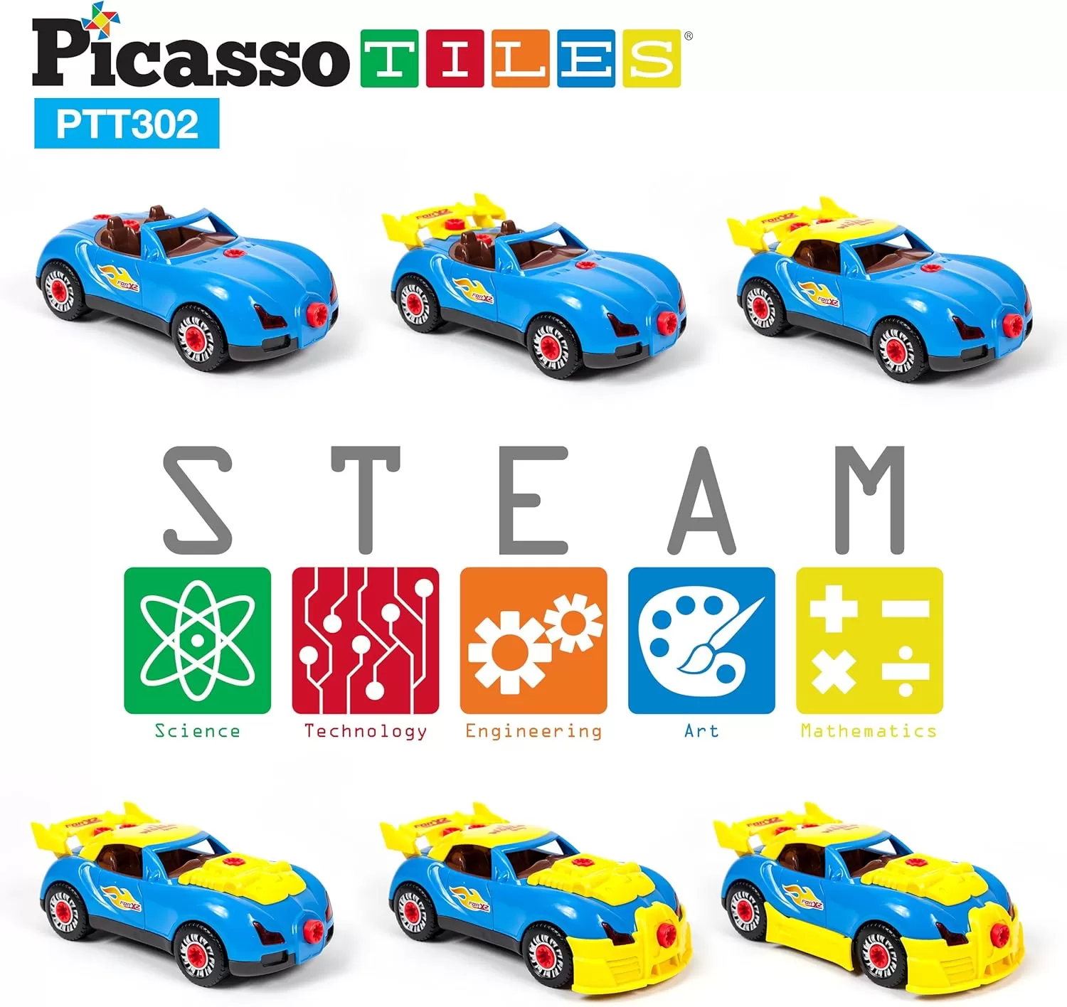 imagePicassoTiles TakeAPart Race Car Set with LED Engine Sound Mini Electric Power Tool Reversible Drill Screws Included PTT302 2in1 DIY Construction Build Your Own 30pc Racing Car STEAM Kit