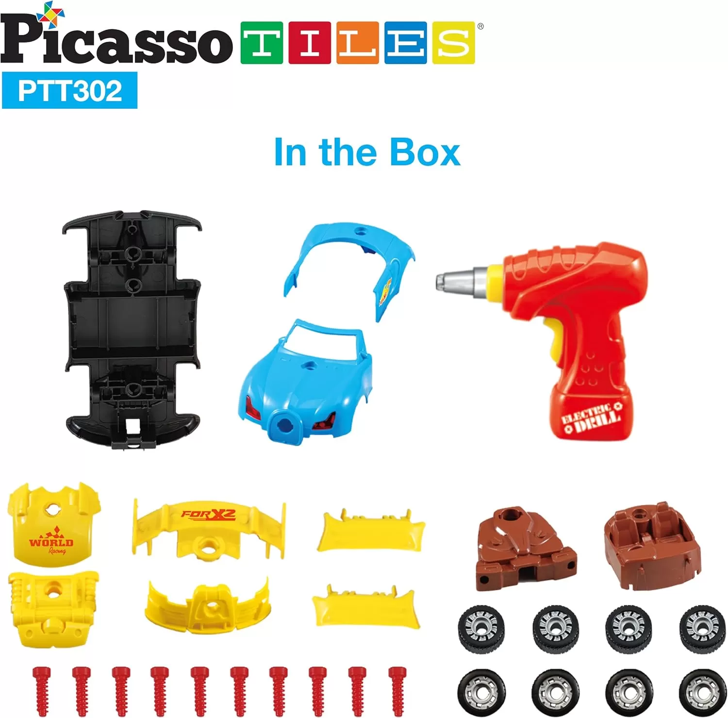imagePicassoTiles TakeAPart Race Car Set with LED Engine Sound Mini Electric Power Tool Reversible Drill Screws Included PTT302 2in1 DIY Construction Build Your Own 30pc Racing Car STEAM Kit