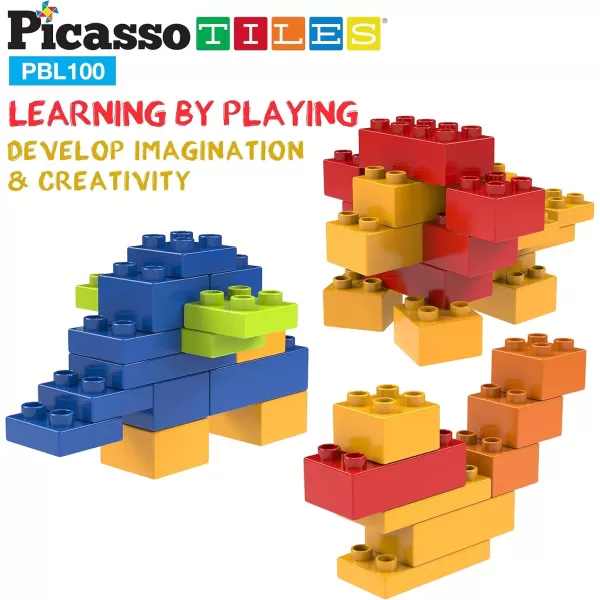 imagePicassoTiles 100 Piece Large Construction Brick Building Blocks STEM Bricks Toy Set Creative Learning Early Education Playset 5 Colors 4 Unique Shapes Mix ampamp Match Toys for Kids Boys Girls Child Age 3PBL100