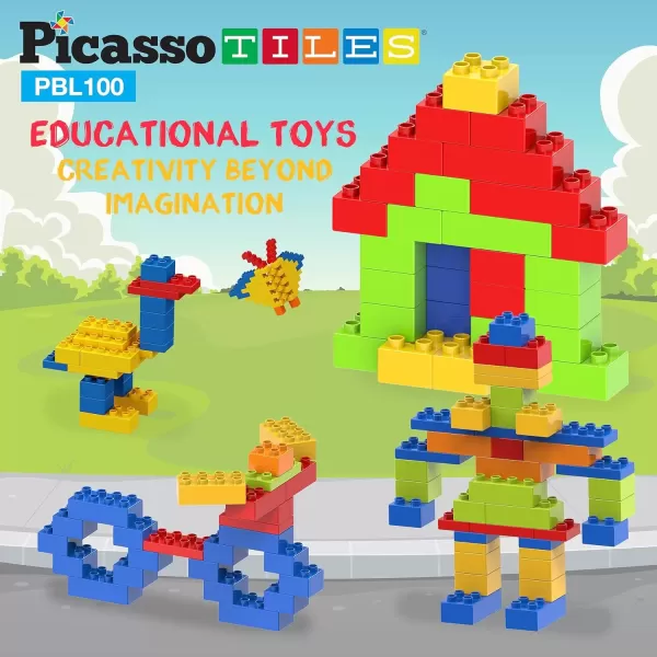 imagePicassoTiles 100 Piece Large Construction Brick Building Blocks STEM Bricks Toy Set Creative Learning Early Education Playset 5 Colors 4 Unique Shapes Mix ampamp Match Toys for Kids Boys Girls Child Age 3PBL100
