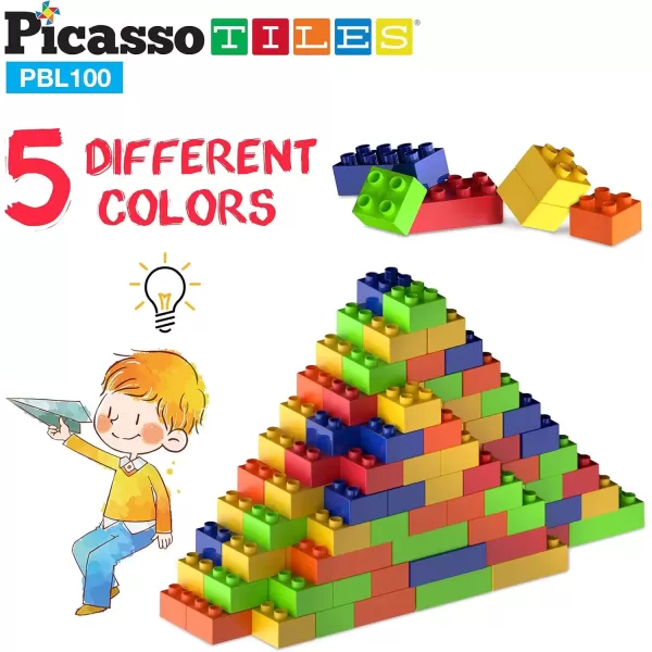 imagePicassoTiles 100 Piece Large Construction Brick Building Blocks STEM Bricks Toy Set Creative Learning Early Education Playset 5 Colors 4 Unique Shapes Mix ampamp Match Toys for Kids Boys Girls Child Age 3PBL100