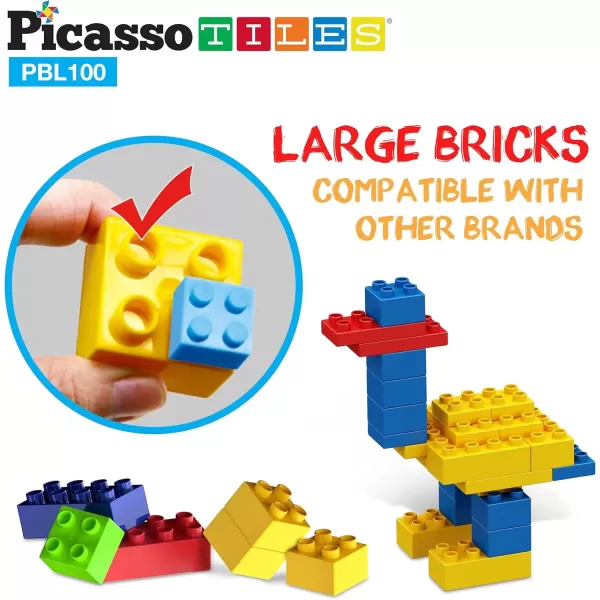 imagePicassoTiles 100 Piece Large Construction Brick Building Blocks STEM Bricks Toy Set Creative Learning Early Education Playset 5 Colors 4 Unique Shapes Mix ampamp Match Toys for Kids Boys Girls Child Age 3PBL100