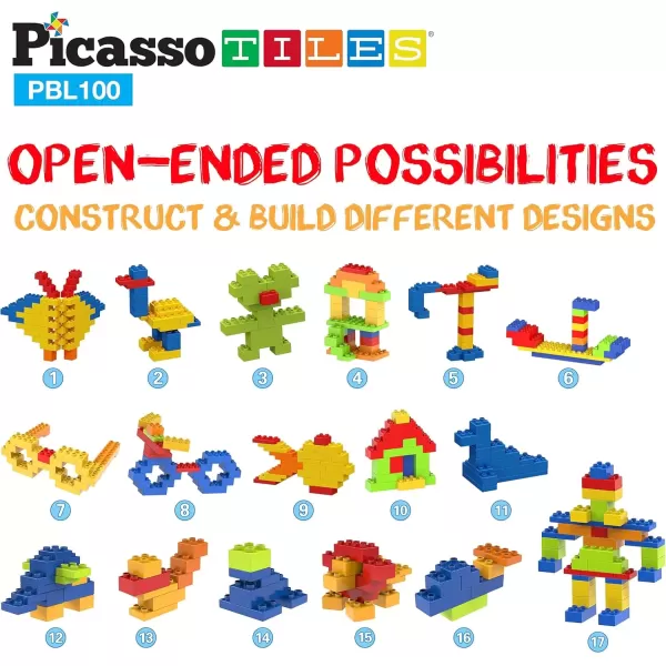 imagePicassoTiles 100 Piece Large Construction Brick Building Blocks STEM Bricks Toy Set Creative Learning Early Education Playset 5 Colors 4 Unique Shapes Mix ampamp Match Toys for Kids Boys Girls Child Age 3PBL100