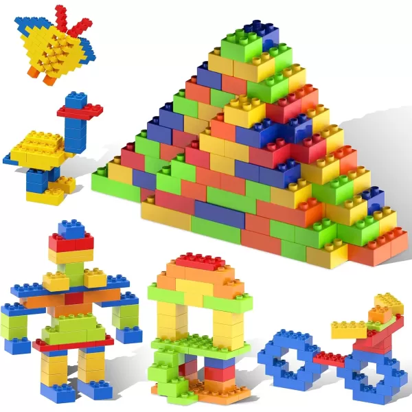 imagePicassoTiles 100 Piece Large Construction Brick Building Blocks STEM Bricks Toy Set Creative Learning Early Education Playset 5 Colors 4 Unique Shapes Mix ampamp Match Toys for Kids Boys Girls Child Age 3PBL200