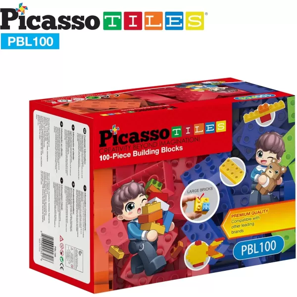imagePicassoTiles 100 Piece Large Construction Brick Building Blocks STEM Bricks Toy Set Creative Learning Early Education Playset 5 Colors 4 Unique Shapes Mix ampamp Match Toys for Kids Boys Girls Child Age 3PBL100