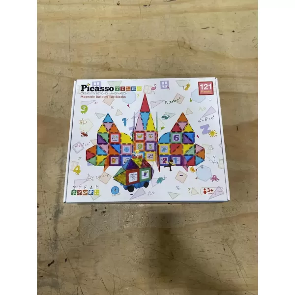 imagePicassoTiles 121 pc Master Builder Magnetic Building Block Construction Set Magnet Tiles Blocks with Car Truck 2 Character Action Figures 28 Educational Alphabet Animal and Number Graphics Windmill