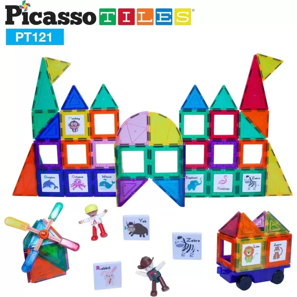 imagePicassoTiles 121 pc Master Builder Magnetic Building Block Construction Set Magnet Tiles Blocks with Car Truck 2 Character Action Figures 28 Educational Alphabet Animal and Number Graphics Windmill