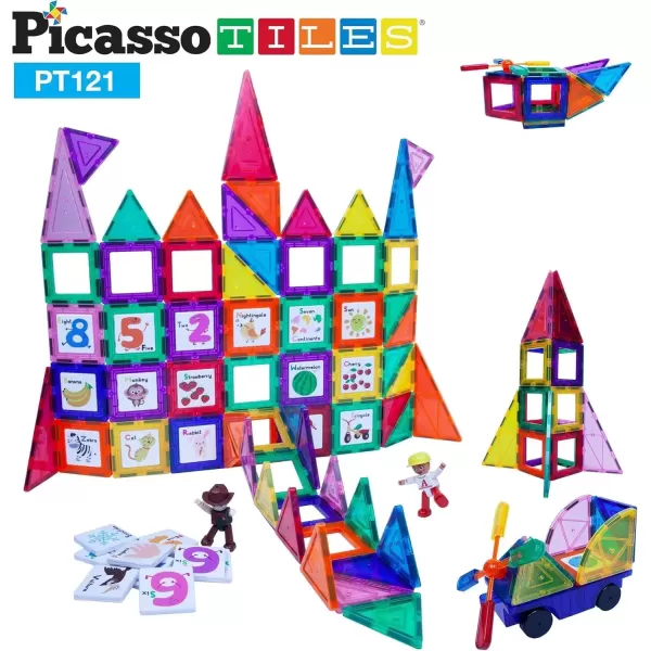 imagePicassoTiles 121 pc Master Builder Magnetic Building Block Construction Set Magnet Tiles Blocks with Car Truck 2 Character Action Figures 28 Educational Alphabet Animal and Number Graphics Windmill