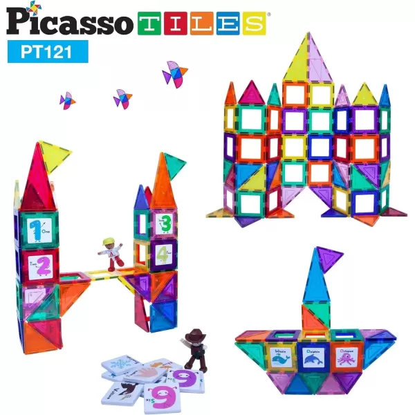 imagePicassoTiles 121 pc Master Builder Magnetic Building Block Construction Set Magnet Tiles Blocks with Car Truck 2 Character Action Figures 28 Educational Alphabet Animal and Number Graphics Windmill