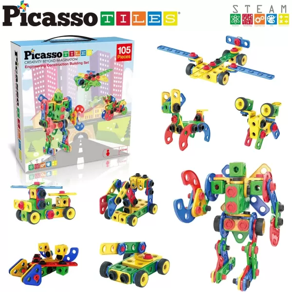 imagePicassoTiles 152 Pieces Building Block Set Kid Toy STEM Construction Sensory Toys Gifts Engineering Kit Educational wIdea Book Design Guide Storage Carry Box Power Drill Ratchet Age 3 PTN152105PC