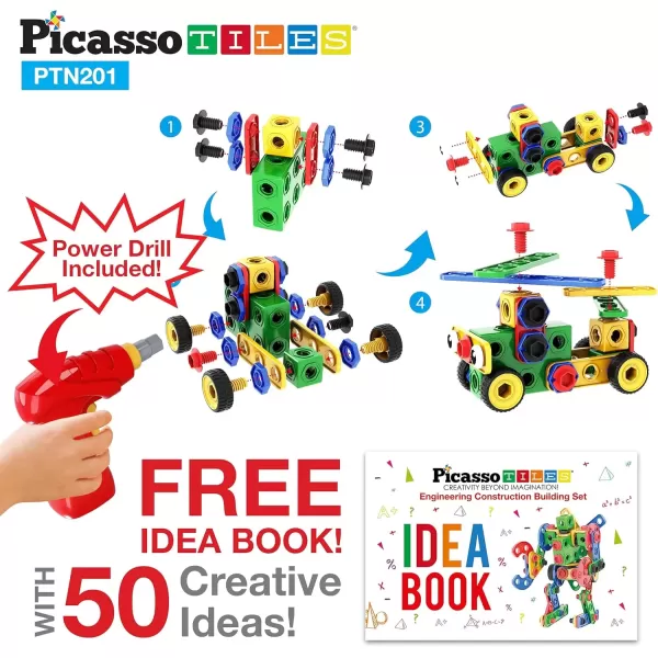 imagePicassoTiles 152 Pieces Building Block Set Kid Toy STEM Construction Sensory Toys Gifts Engineering Kit Educational wIdea Book Design Guide Storage Carry Box Power Drill Ratchet Age 3 PTN152201PC w Bin