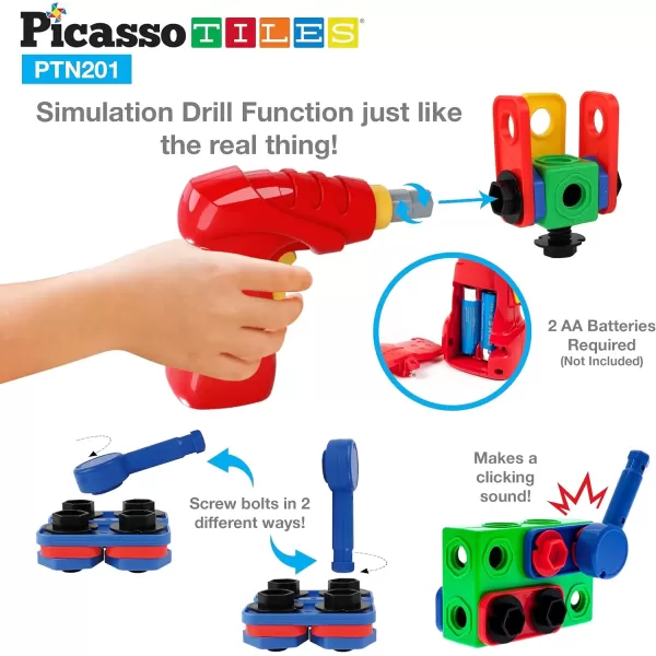 imagePicassoTiles 152 Pieces Building Block Set Kid Toy STEM Construction Sensory Toys Gifts Engineering Kit Educational wIdea Book Design Guide Storage Carry Box Power Drill Ratchet Age 3 PTN152201PC w Bin