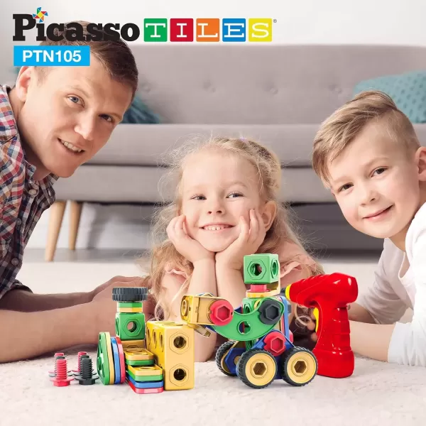 imagePicassoTiles 152 Pieces Building Block Set Kid Toy STEM Construction Sensory Toys Gifts Engineering Kit Educational wIdea Book Design Guide Storage Carry Box Power Drill Ratchet Age 3 PTN152105PC