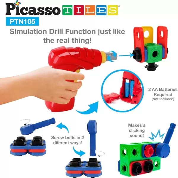 imagePicassoTiles 152 Pieces Building Block Set Kid Toy STEM Construction Sensory Toys Gifts Engineering Kit Educational wIdea Book Design Guide Storage Carry Box Power Drill Ratchet Age 3 PTN152105PC