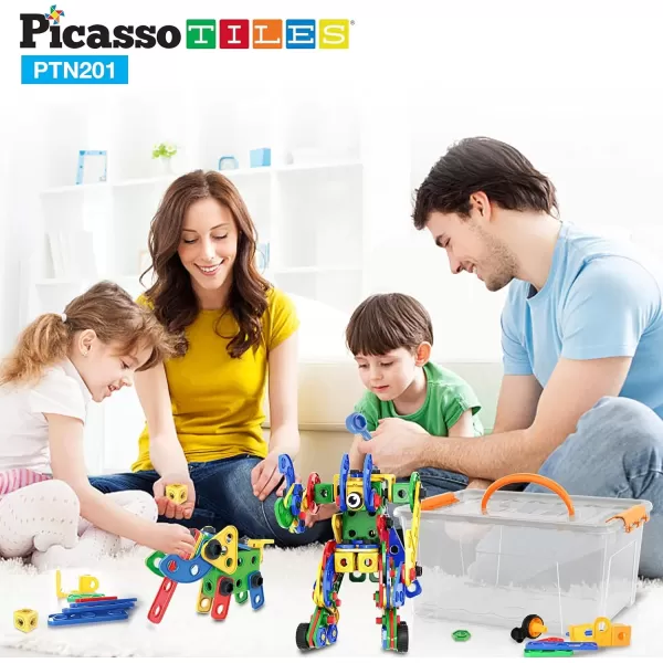 imagePicassoTiles 152 Pieces Building Block Set Kid Toy STEM Construction Sensory Toys Gifts Engineering Kit Educational wIdea Book Design Guide Storage Carry Box Power Drill Ratchet Age 3 PTN152201PC w Bin