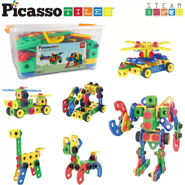 imagePicassoTiles 152 Pieces Building Block Set Kid Toy STEM Construction Sensory Toys Gifts Engineering Kit Educational wIdea Book Design Guide Storage Carry Box Power Drill Ratchet Age 3 PTN152152PC w Bin
