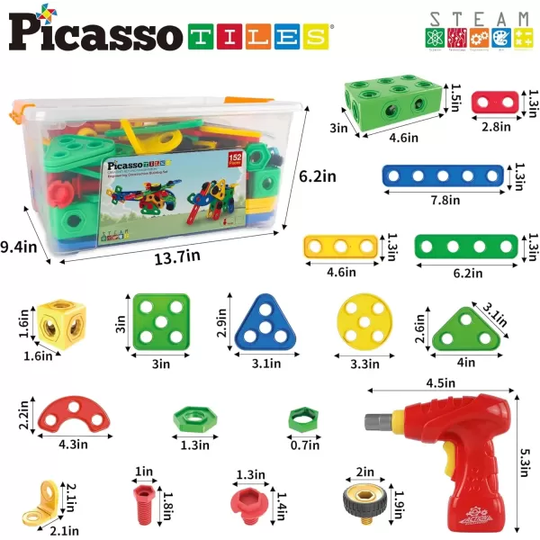 imagePicassoTiles 152 Pieces Building Block Set Kid Toy STEM Construction Sensory Toys Gifts Engineering Kit Educational wIdea Book Design Guide Storage Carry Box Power Drill Ratchet Age 3 PTN152152PC w Bin