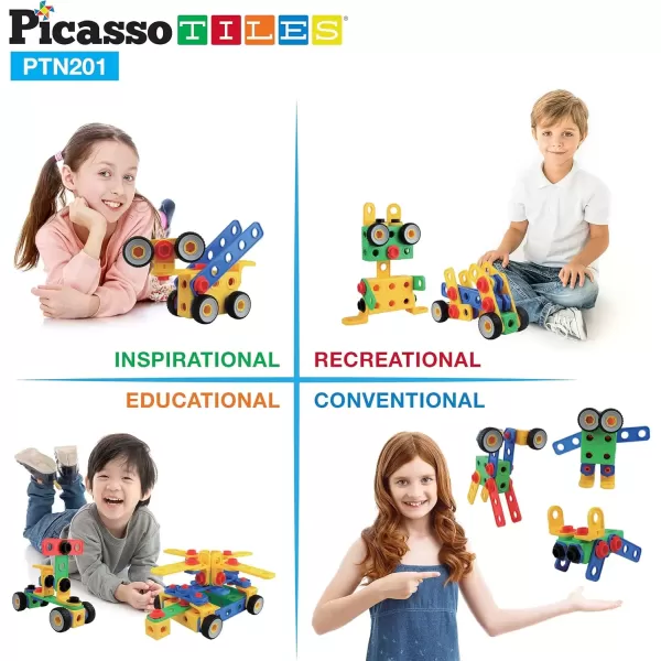 imagePicassoTiles 152 Pieces Building Block Set Kid Toy STEM Construction Sensory Toys Gifts Engineering Kit Educational wIdea Book Design Guide Storage Carry Box Power Drill Ratchet Age 3 PTN152201PC w Bin