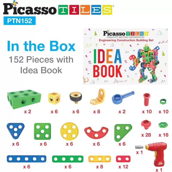 imagePicassoTiles 152 Pieces Building Block Set Kid Toy STEM Construction Sensory Toys Gifts Engineering Kit Educational wIdea Book Design Guide Storage Carry Box Power Drill Ratchet Age 3 PTN152152PC w Bin