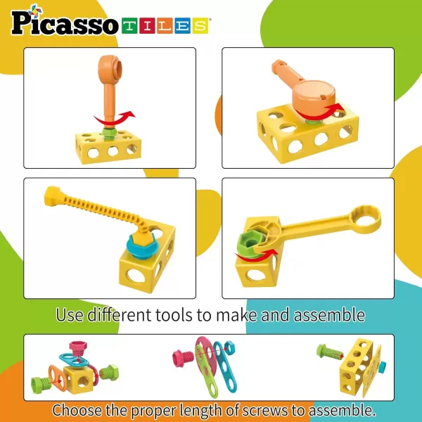 imagePicassoTiles 152 Pieces Building Block Set Kid Toy STEM Construction Sensory Toys Gifts Engineering Kit Educational wIdea Book Design Guide Storage Carry Box Power Drill Ratchet Age 3 PTN152115pc