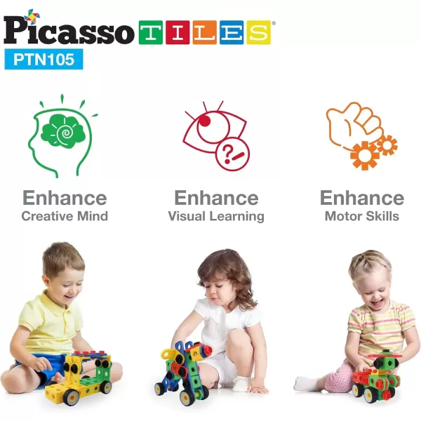 imagePicassoTiles 152 Pieces Building Block Set Kid Toy STEM Construction Sensory Toys Gifts Engineering Kit Educational wIdea Book Design Guide Storage Carry Box Power Drill Ratchet Age 3 PTN152105PC