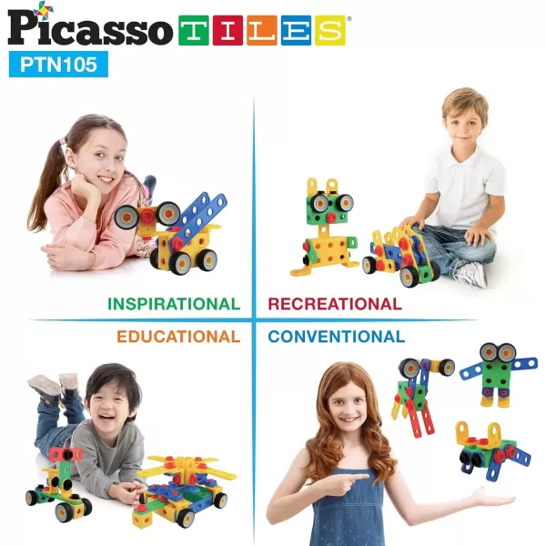 imagePicassoTiles 152 Pieces Building Block Set Kid Toy STEM Construction Sensory Toys Gifts Engineering Kit Educational wIdea Book Design Guide Storage Carry Box Power Drill Ratchet Age 3 PTN152105PC