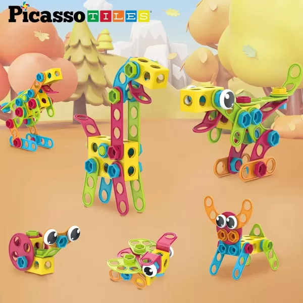 imagePicassoTiles 152 Pieces Building Block Set Kid Toy STEM Construction Sensory Toys Gifts Engineering Kit Educational wIdea Book Design Guide Storage Carry Box Power Drill Ratchet Age 3 PTN152115pc