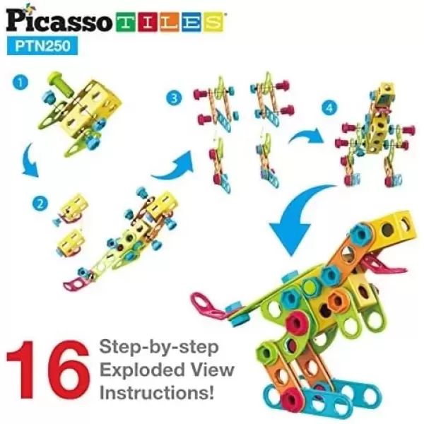 imagePicassoTiles 152 Pieces Building Block Set Kid Toy STEM Construction Sensory Toys Gifts Engineering Kit Educational wIdea Book Design Guide Storage Carry Box Power Drill Ratchet Age 3 PTN152250pc