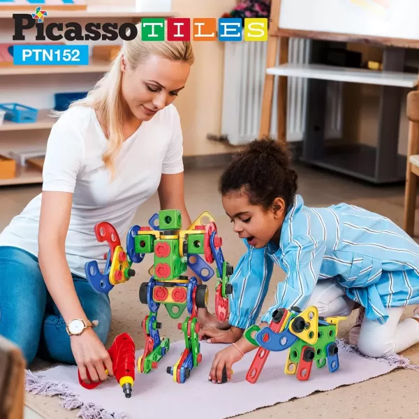 imagePicassoTiles 152 Pieces Building Block Set Kid Toy STEM Construction Sensory Toys Gifts Engineering Kit Educational wIdea Book Design Guide Storage Carry Box Power Drill Ratchet Age 3 PTN152152PC w Bin
